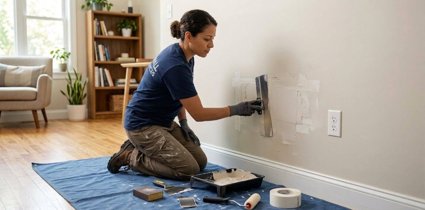 Freshly repaired drywall with a smooth, paint-ready surface
