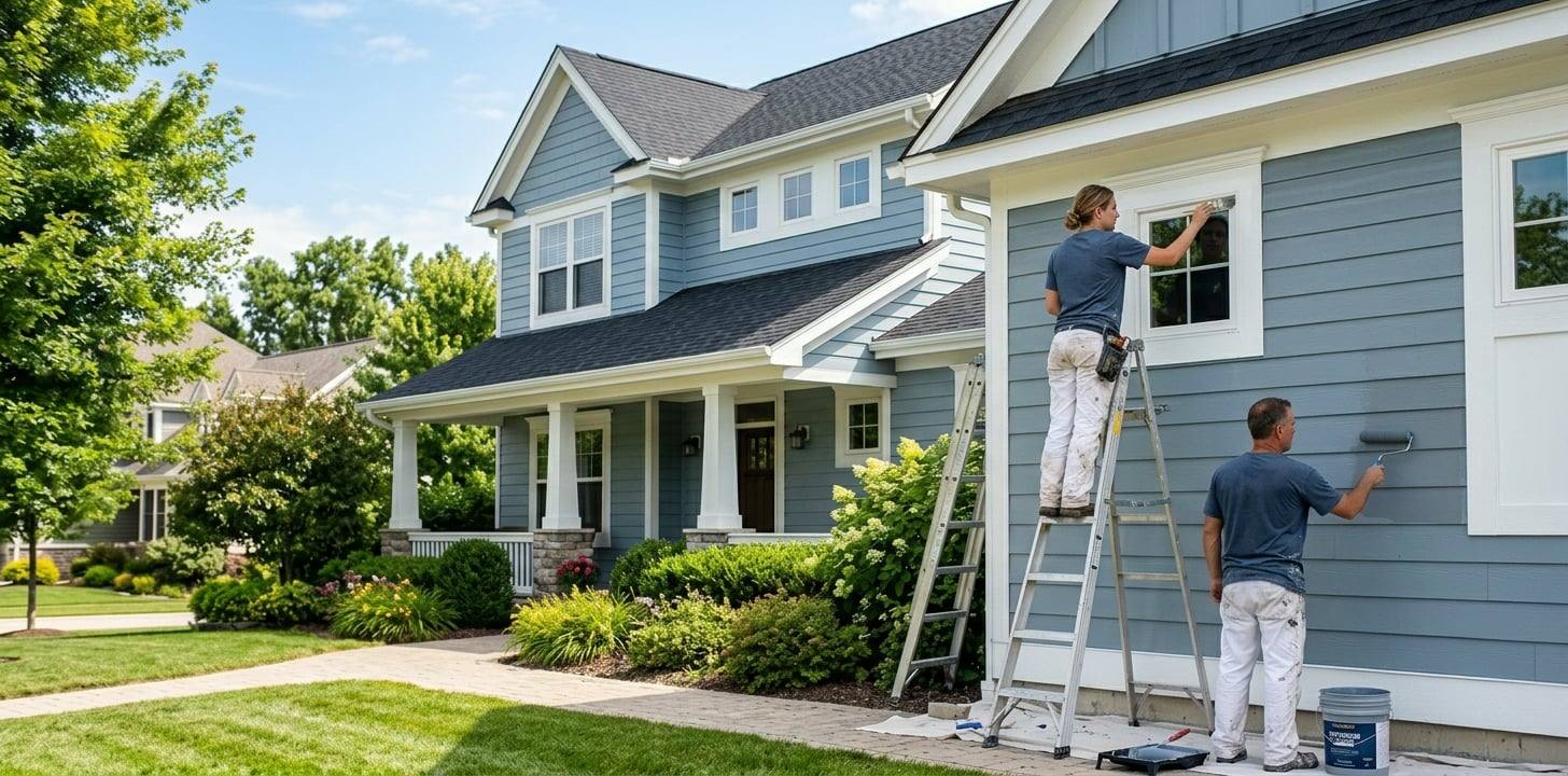 Freshly painted exterior house with a modern color palette