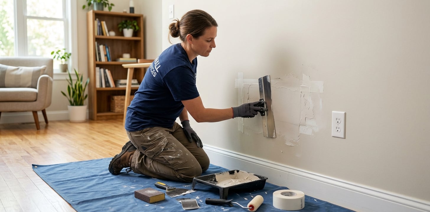 Freshly repaired drywall with a smooth, paint-ready surface